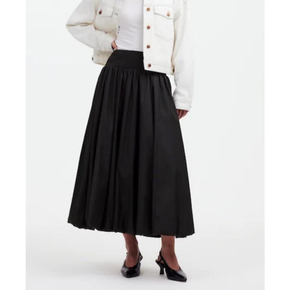 NWT Madewell Poplin Smocked Bubble Midi Skirt True Black Size XXS